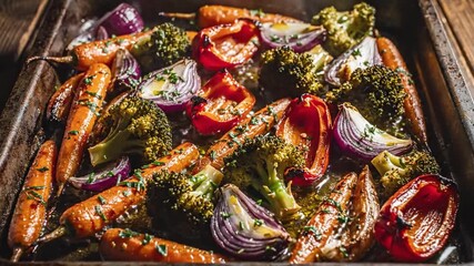 Oven Roasted Vegetables With Carrots, Broccoli, Red Onions And Peppers For Healthy Living
