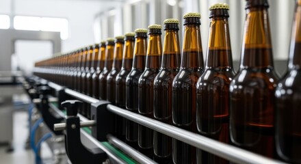 Amber beer bottles moving in a continuous line on a brewery production conveyor belt