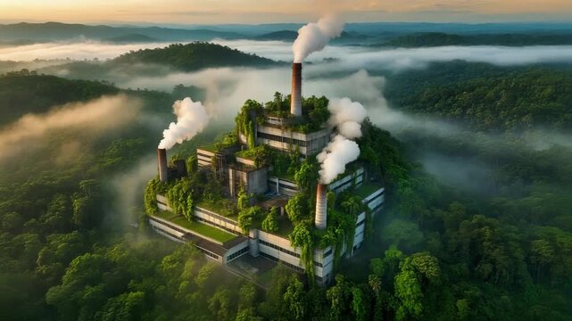 Industrial Factory Overgrown by Jungle Vegetation Emitting Smoke in Misty Landscape