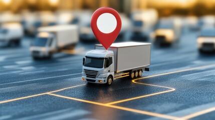 Trucks driving on road displaying big red navigation pin