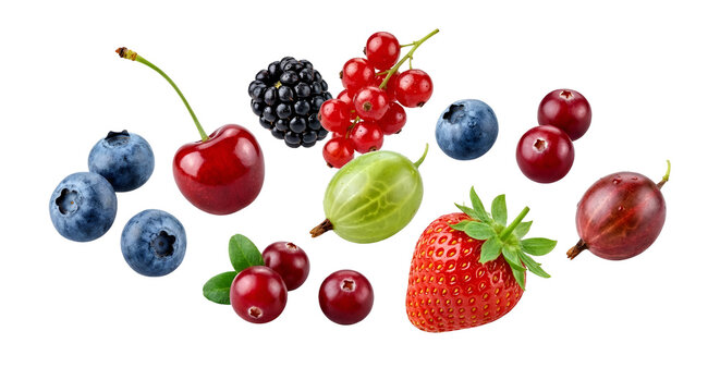 Vibrant assortment of fresh falling berries including blueberries, cranberries, strawberries, red currants, cherry, green and red gooseberries, and blackberry, showcasing healthy organic produce, isol
