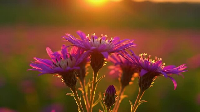 Vibrant purple asters bloom in a field, illuminated by the warm glow of the setting sun.
