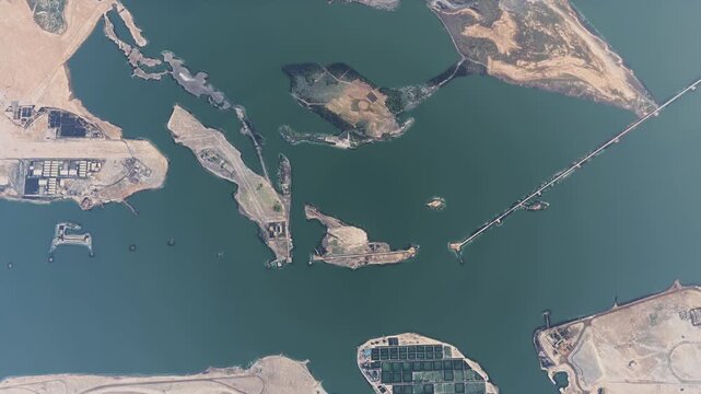 Top aerial drone shot of Al Jubail Island in Abu Dhabi. United Arab Emirates
