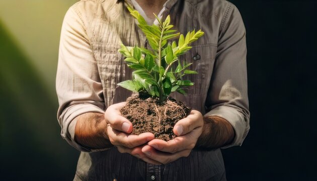 Person holding a small plant with soil in their hands.