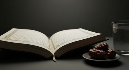 Open Quran with Dates and Water for Ramadan Iftar.