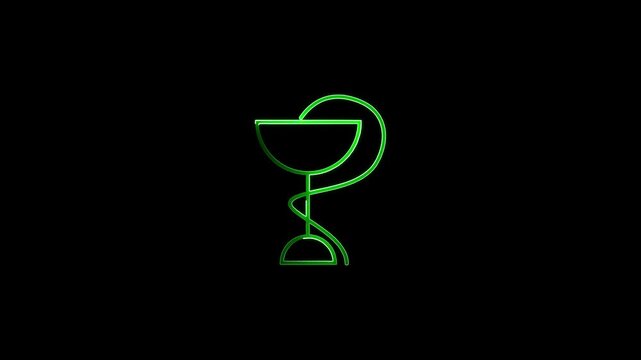 Green Neon Rod of Asclepius Symbol Illuminated on Dark Background medical symbol healthcare.