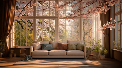 ソファのある心地よいリビングから桜の春景色を眺める住宅インテリア、木の温もりと光が満ちる空間、ナチュラルライフスタイルを想起させる風景