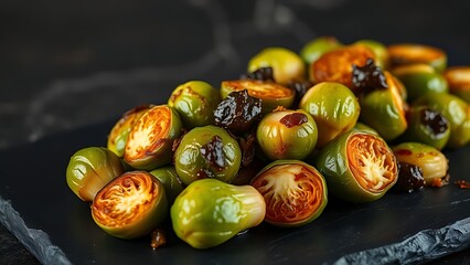 unobserved. Close-up of caramelized Brussels sprouts on dark slate, steam rising. menu design, packaging mockups, designed for culinary blogs and recipe cards for restaurants, used by art directors.