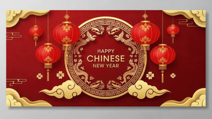 Red background with lanterns, dragons, and