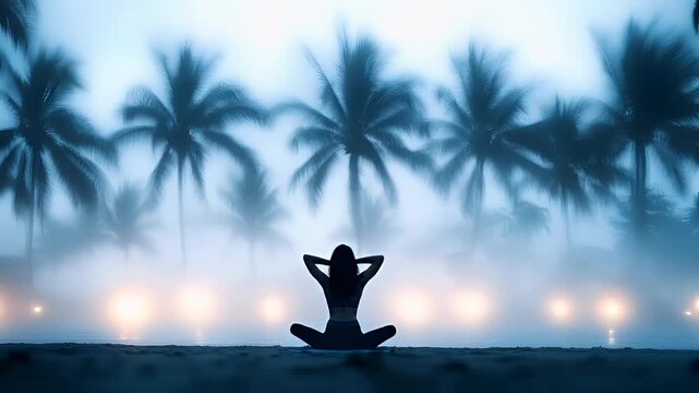 Fitness. Exercise. New Year resolution. Healthy lifestyle theme. A silhouette of a person meditating on a beach under a misty sky with palm trees. The person is positioned in a meditative pose.