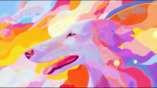 Cinematic Right Pan Shot: Vibrant Pointillist Dog Barking Toward the Sun for Artistic, Retro, and Music Festival Themes