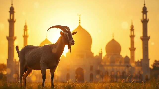 Eid al-Adha Golden Dawn Goat Near Sacred Mosque

