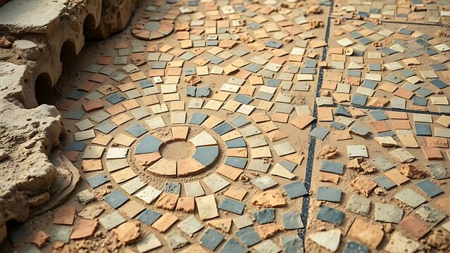 domus. Close-up of ancient mosaic floor with geometric patterns, archaeological texture. event programs, museum guides, designed for cultural heritage projects and event programs.