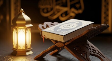 Quran on Rehal with Lantern - A Spiritual Ramadan Scene.
