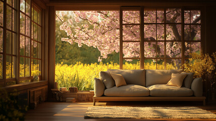 春の暖かな日差しと桜が咲く景色を望む大きな窓のあるリビングルーム、ソファとクッションが配置された心安らぐ室内空間、自然と調和したインテリアイメージ