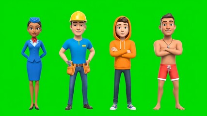 Diverse 3D Characters in Animation Sequence on Green Screen