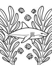 Naklejka premium Oceanic Sentinel: A monochrome depiction of a majestic shark and a school of fish gracefully navigating a kelp forest