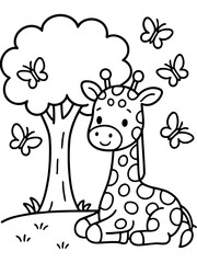 Fototapeta premium Gentle Giraffe's Delight: A charming giraffe, adorned with distinctive spots, sits contentedly under a leafy tree, butterflies dancing joyfully around it.