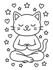 Fototapeta premium Zen Kitty's Meditation: A tranquil cartoon cat practices serene meditation, surrounded by hearts and stars. A symbol of peace and mindfulness.