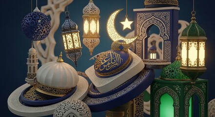 Ramadan Kareem and Eid Mubarak festive decorations with lanterns and crescent moon.