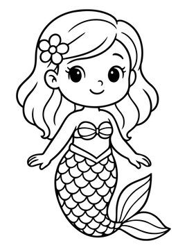 Whimsical Mermaid: An enchanting illustration of a charming mermaid, complete with flowing hair adorned with a flower. This captivating design is perfect for coloring and igniting imagination.