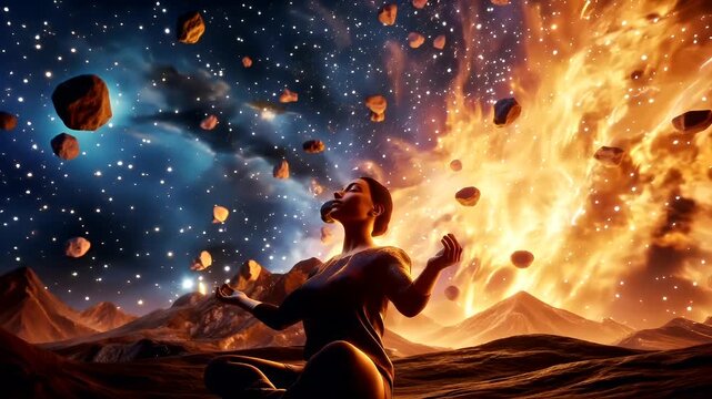 Fitness. Exercise. New Year resolution. Healthy lifestyle theme. woman meditating in space with cosmic backdrop.