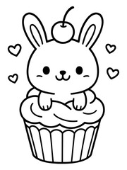 Cute bunny on Cupcake: A lovely illustration featuring a sweet bunny perched atop a delicious cupcake with a cherry. Hearts float gently around the charming creature. 