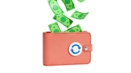 3D Pink Wallet with Falling Money and Refresh Icon