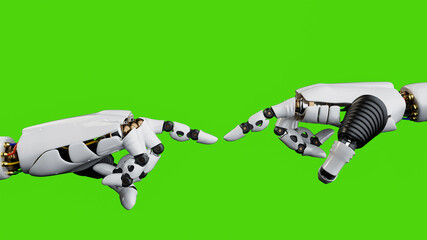 Two robot hands reaching out to touch each other on green screen background