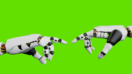 Two robot hands reaching out to touch each other on green screen background
