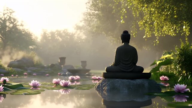 Fitness. Exercise. New Year resolution. Healthy lifestyle theme. A serene, tranquil scene featuring a Buddha statue in a meditative pose. The Buddha statue is black, with a textured appearance.