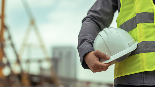 Construction worker holding hard hat on site with crane