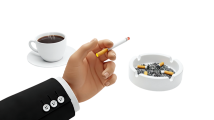 Man in suit holding a lit cigarette with coffee and ashtray