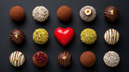 Assorted chocolates with various toppings and decorations on a dark background.