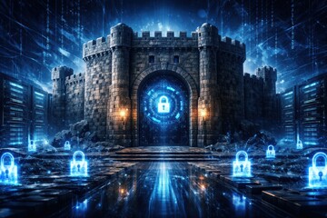 A digital fortress stands with a large gate, surrounded by locks and flowing data streams. The scene is vibrant with blue light effects.