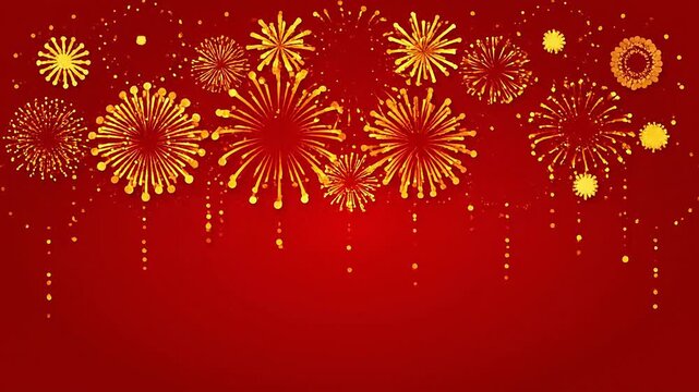 Animated golden paper cut fireworks and tassels on a red Lunar New Year background