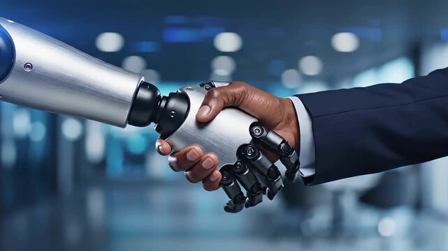 Robot Handshake with Human in Modern Office.