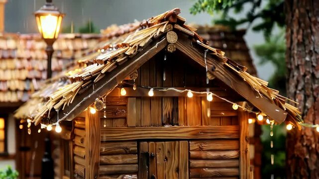 Cozy rustic cabin with warm string lights outdoors at dusk.