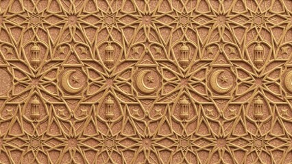 A seamless 3d render of an elegant golden-brown islamic geometric pattern, repeating across a decorative wall and featuring traditional crescent moons and lanterns, symbolizing ramadan.
