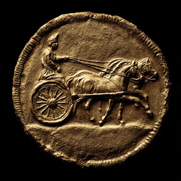 Ancient gold stater coin meticulously depicts a charioteer guiding a dynamic two horse chariot against a stark black background emphasizing its historical artistry.