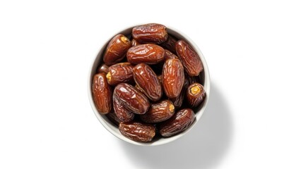 Obraz premium A generous serving of rich brown dried dates is presented in a white bowl, captured in a clean overhead studio shot isolated on a bright white background.