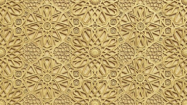 A warm golden beige, seamless islamic geometric pattern featuring intricate symmetrical star and floral motifs, captured in a detailed close-up texture shot for traditional middle eastern - Powered by Adobe