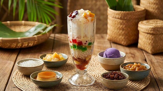 A delightful Filipino dessert, Halo-Halo, a refreshing mix of shaved ice, sweet beans, fruits, jellies, leche flan, and ube ice cream
