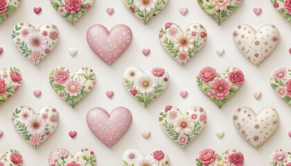 Fototapeta premium Romantic Heart Seamless Pattern, Love Background, Valentine's Day Wallpaper, Floral Hearts, Cute Hearts Design