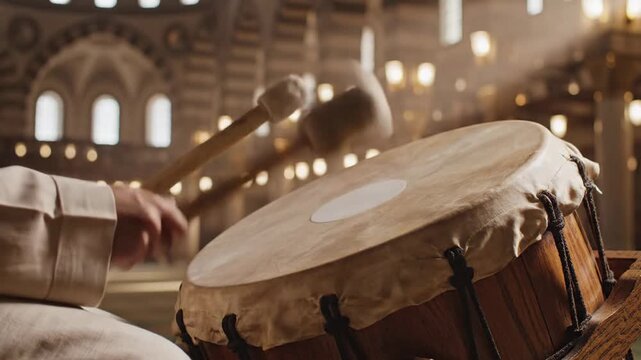 Warm, golden light highlights hands striking the traditional ramadan drum, a spiritual call from the prison of daily life.