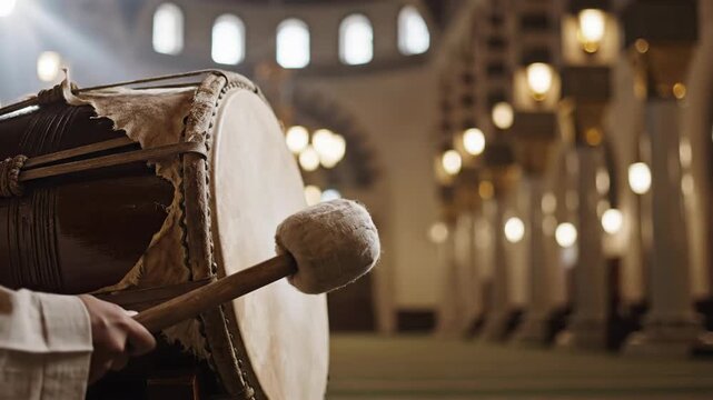 A close-up view of hands striking the traditional bedug drum creates a warm, spiritual mood within the mosque during ramadan.