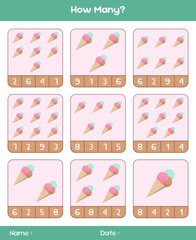 Count the number of ice creams. Educational mathematical game. Counting game for children. Kids activity sheet. Template for how many