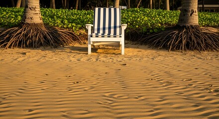 An empty striped beach chair rests on golden sand, framed by textured palm tree roots and lush