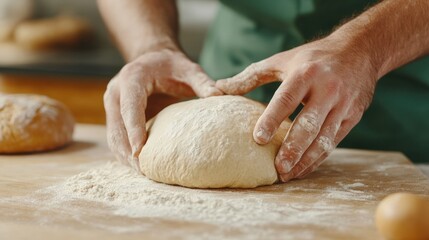 Baker hands kneading dough, preparing fresh bread on flour dusted wooden surface