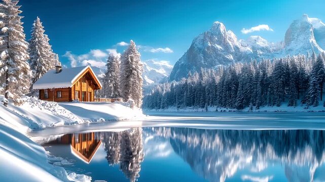 snowy mountain landscape with wooden cabin and reflection in calm lake.